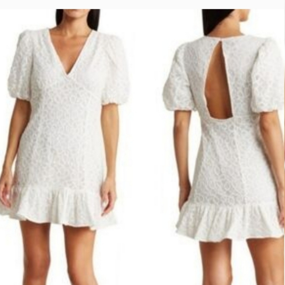 Walter Baker Caroline Puff Sleeve White Lace Keyhole Mini Dress Ruffle 6❤